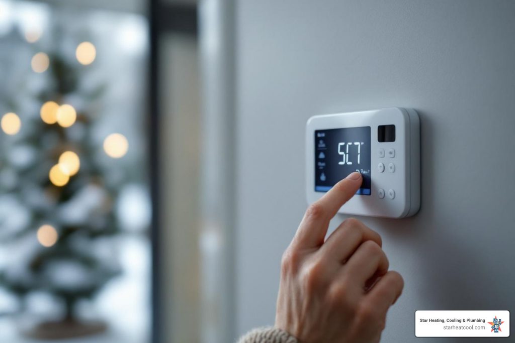 Homeowner adjusting thermostat in winter - "My furnace is blowing cold air. Who can I call for service in Meridian Hills, IN?"